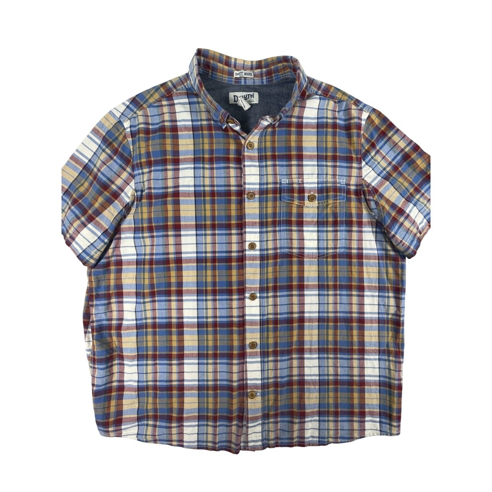 Duluth Trading Co Shirt Mens XL Blue Plaid Untucked Relaxed Fit Short Sleeve